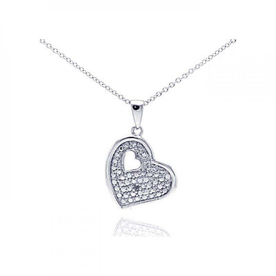 Sterling Silver Rhodium Plated Clear Diamond Heart Pendant Necklace