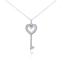 Load image into Gallery viewer, Sterling Silver Rhodium Plated Clear Diamond Heart Key Pendant Necklace