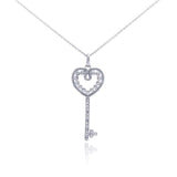 Sterling Silver Rhodium Plated Clear Diamond Heart Key Pendant Necklace