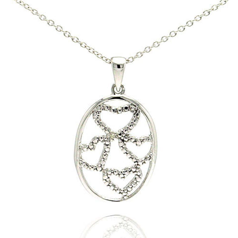 Sterling Silver Oval Pendent with Four Hearts and Diamond Accent Necklace