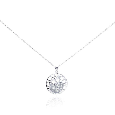 Sterling Silver Necklace with Fancy Disc Multi Heart Design Inlaid with Clear Czs Pendant