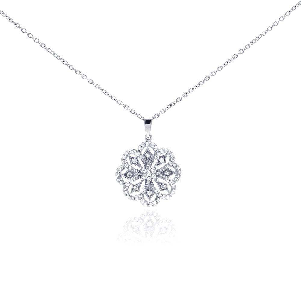 Sterling Silver Necklace with Classy Filigree Flower Inlaid with Clear Czs Pendant