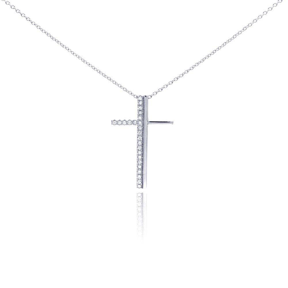 Sterling Silver Rhodium Plated Clear CZ Cross Pendant Necklace