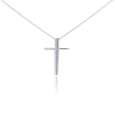 Sterling Silver Rhodium Plated Clear CZ Cross Pendant Necklace
