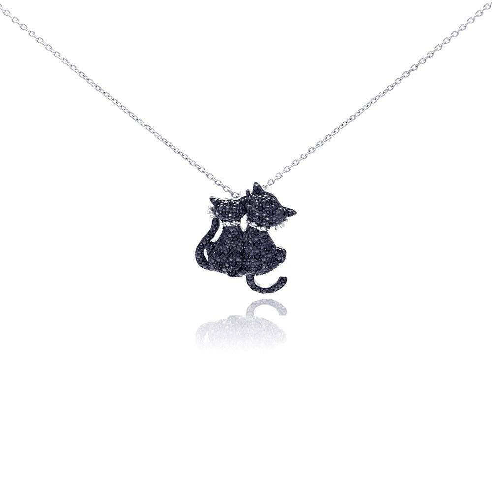 Sterling Silver Necklace with Paved Black Czs Couple Cat with Clear Cz Collar Pendant