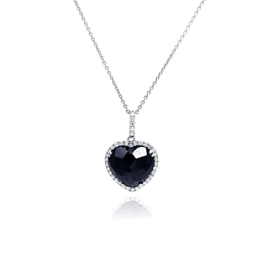 Sterling Silver Necklace with Fancy Black Cz Heart Inlaid with Clear Czs Pendant