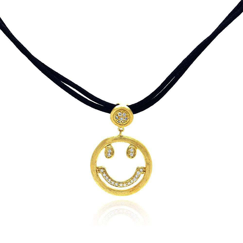 Sterling Silver Genuine Black Leather Cord Necklace with Gold Plated Happy Face Inlaid with Clear Czs Pendant