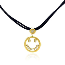 Load image into Gallery viewer, Sterling Silver Genuine Black Leather Cord Necklace with Gold Plated Happy Face Inlaid with Clear Czs Pendant