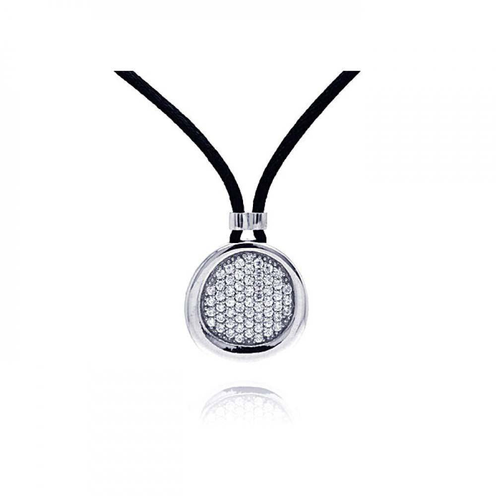 Sterling Silver Genuine Black Leather Cord Necklace with Elegant Round Pendant Inlaid with Micro Paved Clear Czs