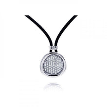Load image into Gallery viewer, Sterling Silver Genuine Black Leather Cord Necklace with Elegant Round Pendant Inlaid with Micro Paved Clear Czs