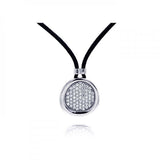 Sterling Silver Genuine Black Leather Cord Necklace with Elegant Round Pendant Inlaid with Micro Paved Clear Czs