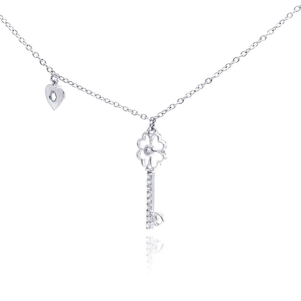 Sterling Silver Necklace with Fancy Heart Lock and Key Inlaid with Clear Czs Pendant