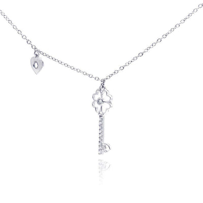 Sterling Silver Necklace with Fancy Heart Lock and Key Inlaid with Clear Czs Pendant