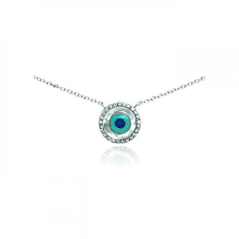 Sterling Silver Necklace with Fancy Round Evil Eye Inlaid with Clear Czs Pendant