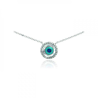 Sterling Silver Necklace with Fancy Round Evil Eye Inlaid with Clear Czs Pendant