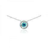 Sterling Silver Necklace with Fancy Round Evil Eye Inlaid with Clear Czs Pendant