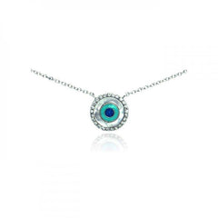 Sterling Silver Necklace with Fancy Round Evil Eye Inlaid with Clear Czs Pendant