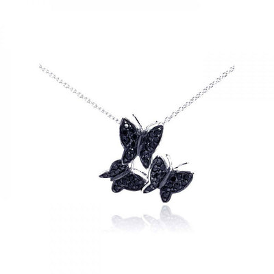 Sterling Silver Necklace with Classy Three Paved Black Czs Butterfly Pendant