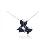 Sterling Silver Necklace with Classy Three Paved Black Czs Butterfly Pendant