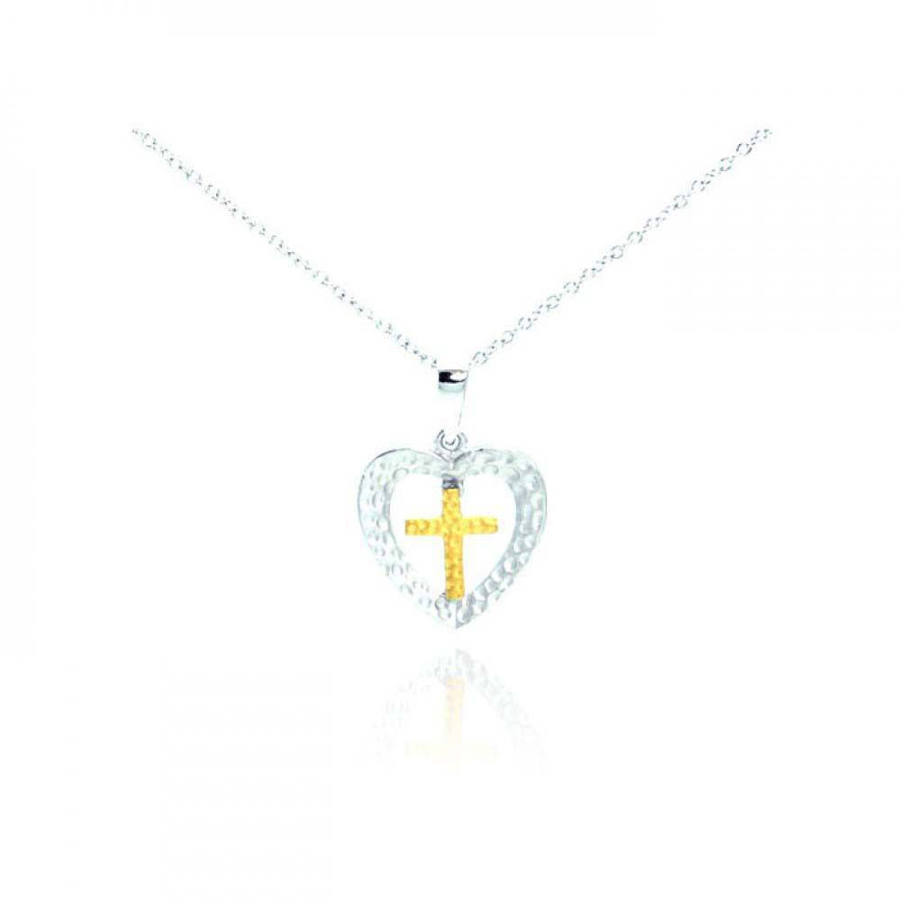 Sterling Silver Necklace with Hammered Heart and Gold Plated Cross Pendant