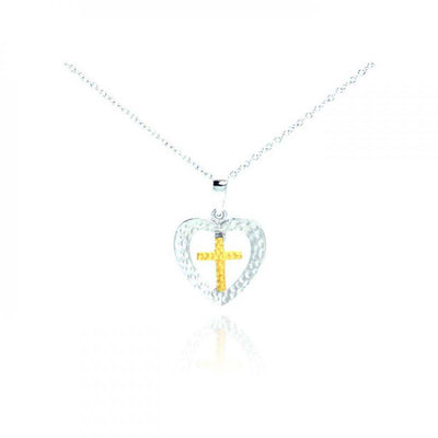 Sterling Silver Necklace with Hammered Heart and Gold Plated Cross Pendant