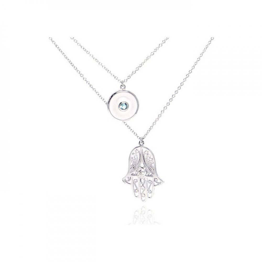 Sterling Silver Rhodium Plated Clear CZ Hamsa Pendant Necklace