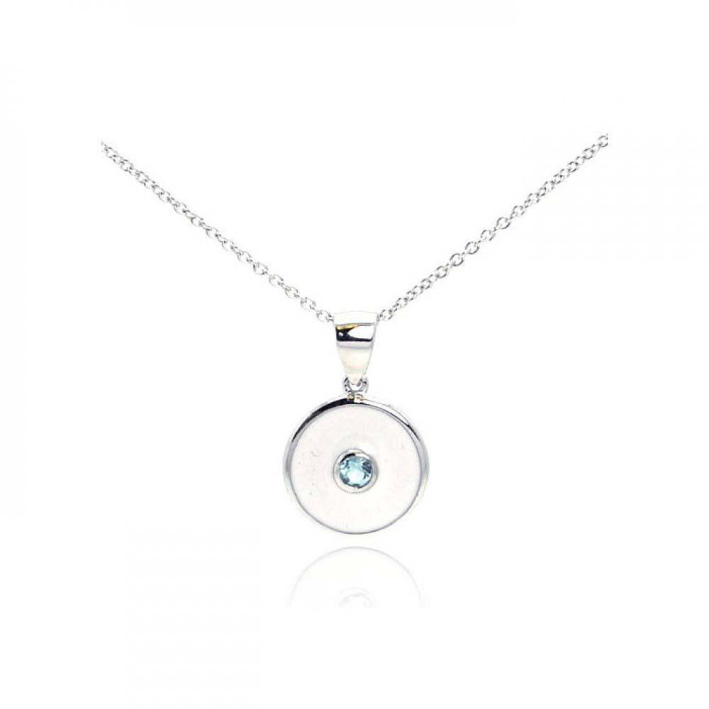Sterling Silver Necklace with High Polished Evil Eye Inlaid with Single Blue Topaz Cz Pendant