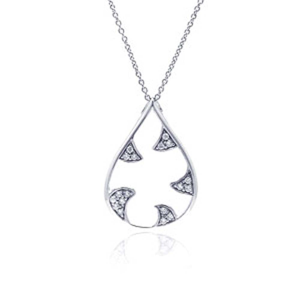 Sterling Silver Necklace with Open Teardrop Inner Thorn Design Inlaid with Clear Czs Pendant