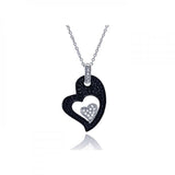 Sterling Silver Necklace with Fancy Double Heart Inlaid with Clear and Black Czs Pendant