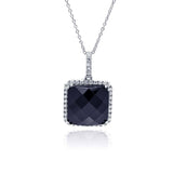Sterling Silver Necklace with Elegant Square Black Onyx with Paved Cz Halo Setting Pendant