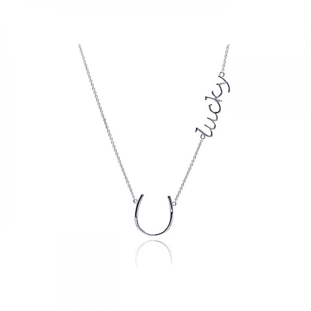 Sterling Silver Necklace with Word  Lucky  and Horseshoe PendantAnd Chain Length of 16  with 2  ExtensionAnd Pendant Dimensions: Horseshoe: 18.4MMx18.2MM Lucky: 27.3MMx8.4MM