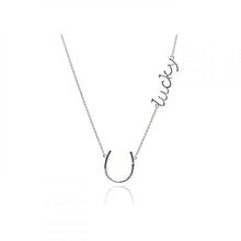 Load image into Gallery viewer, Sterling Silver Necklace with Word  Lucky  and Horseshoe PendantAnd Chain Length of 16  with 2  ExtensionAnd Pendant Dimensions: Horseshoe: 18.4MMx18.2MM Lucky: 27.3MMx8.4MM