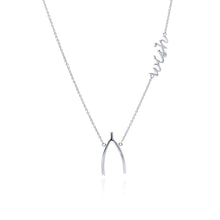Load image into Gallery viewer, Sterling Silver Necklace with Word  Wish  and Wishbone PendantAnd Chain Length of 16  with 2  ExtensionAnd Pendant Dimensions: Wishbone: 21.7MMx11.5MM Wish: 26.6MMx7.7MM