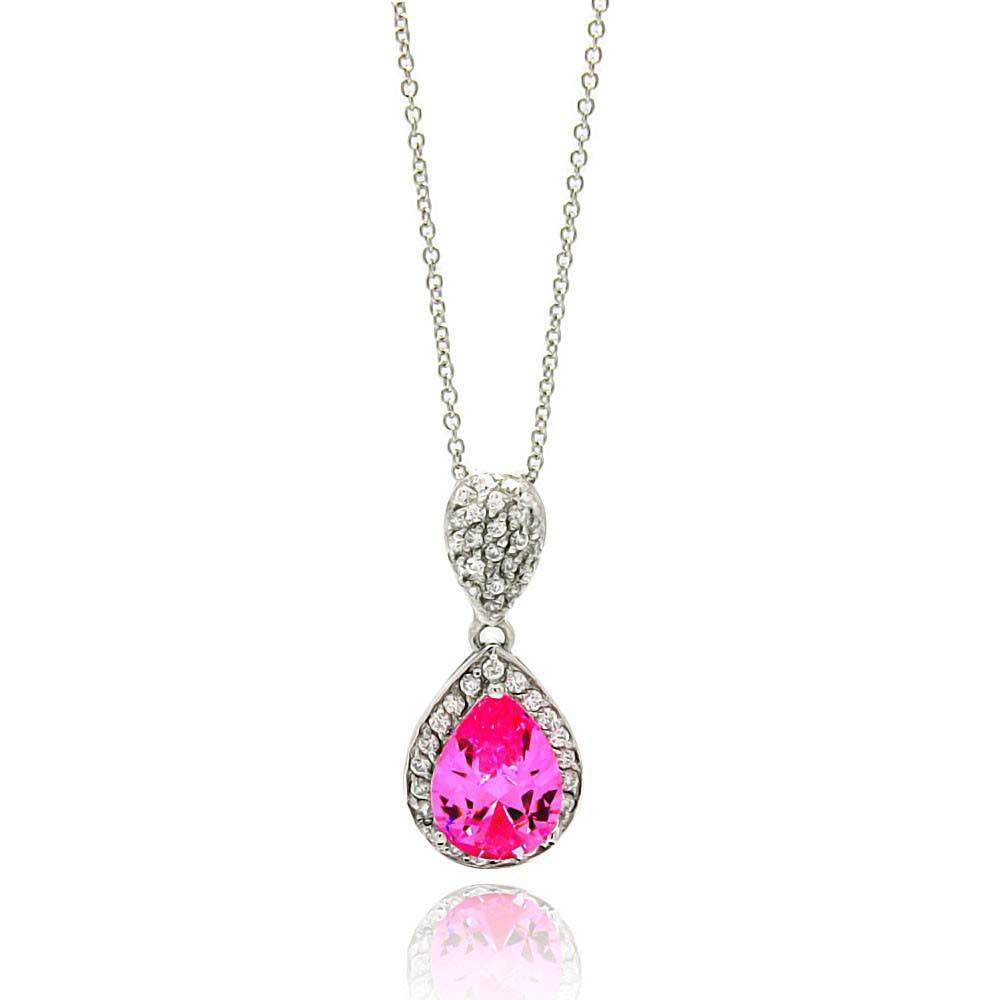 Sterling Silver Necklace with Elegant Pearshape Pink Cz Inlaid with Clear Czs PendantAnd Pendant Dimensions of 27.94MMx12.7MM