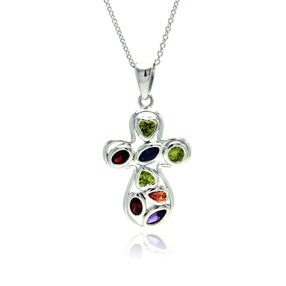 Sterling Silver Rhodium Plated Colorful CZ Round Cross Pendant Necklace