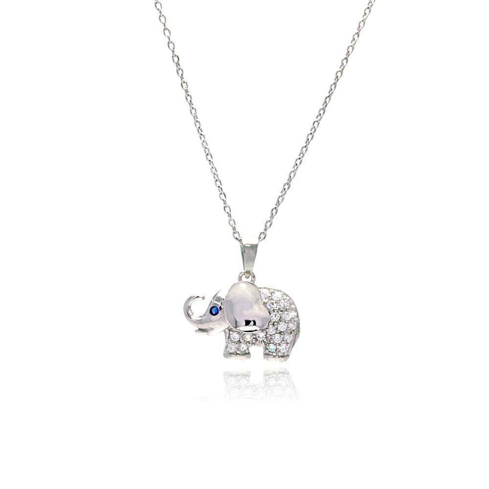 Sterling Silver Necklace with Fancy Elephant Inlaid with Blue Cz Eyes and Clear Czs Pendant