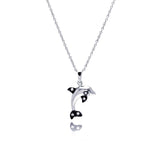 Sterling Silver Necklace with Two-Toned High Polished Dolphin Inlaid with Clear Czs Pendant