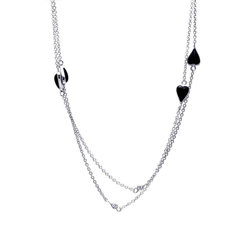 Sterling Silver Fashion Double Strand Necklace with Multi Black Onyx Heart Connector