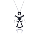 Sterling Silver Necklace with Fancy Angel and Heart Inlaid with Black Czs Pendant