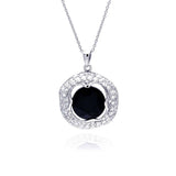 Sterling Silver Necklace with Micro Paved Clear Czs Frame Pendant Centered with Round Black Onyx Stone