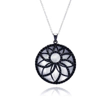 Load image into Gallery viewer, Sterling Silver Necklace with Fancy Round White Enamel Pendant with Cut-Out Paved Black Cz Flower Design