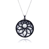 Sterling Silver Necklace with Fancy Round White Enamel Pendant with Cut-Out Paved Black Cz Flower Design