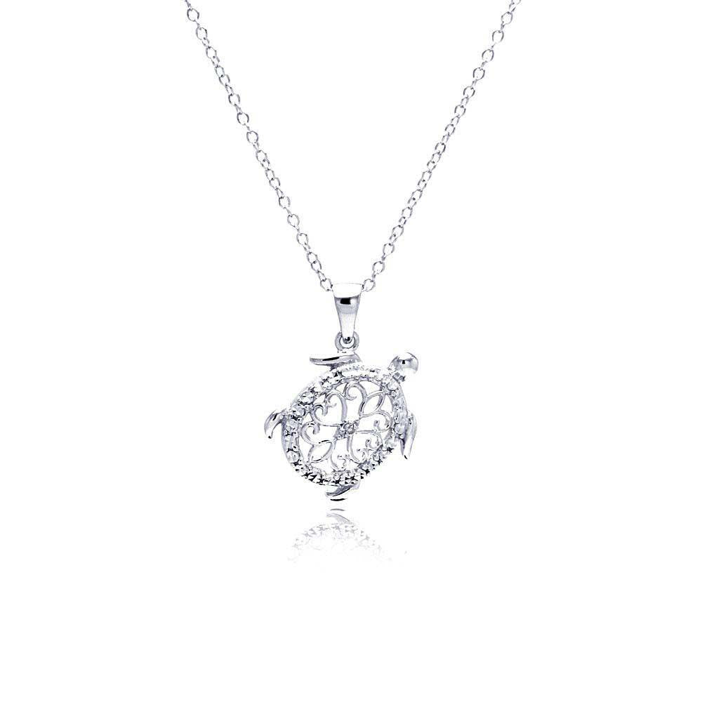 Sterling Silver Necklace with Filigree Turtle Inlaid with Clear Czs Pendant