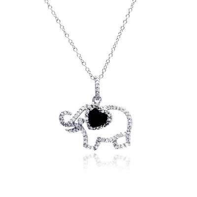Sterling Silver Necklace with Trendy Open Elephant Inlaid with Black Onyx and Clear Czs Pendant