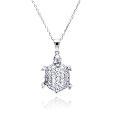 Sterling Silver Necklace with Fancy Turtle Covered with Clear Czs Pendant
