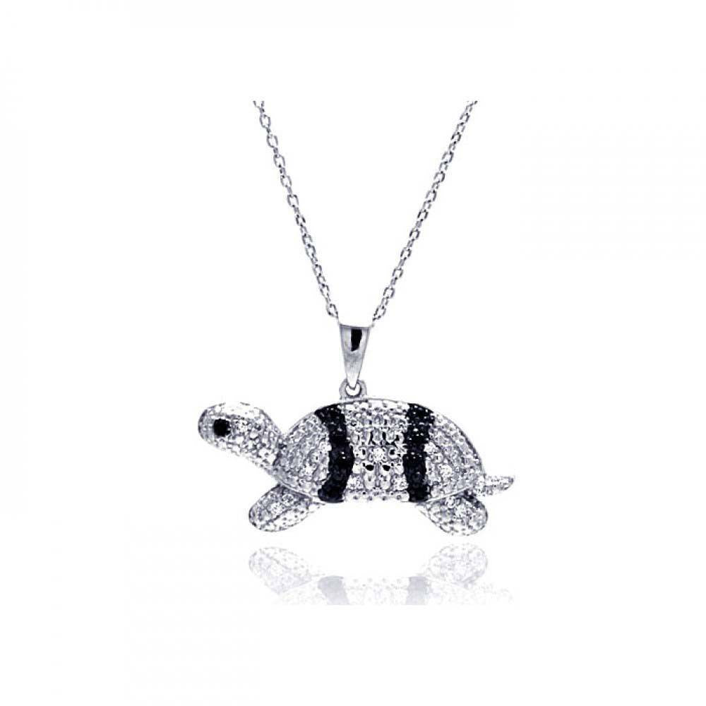 Sterling Silver Necklace with Stylish Paved Clear & Black Czs Turtle Pendant