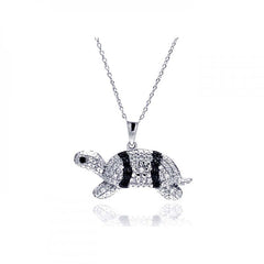 Sterling Silver Necklace with Stylish Paved Clear & Black Czs Turtle Pendant