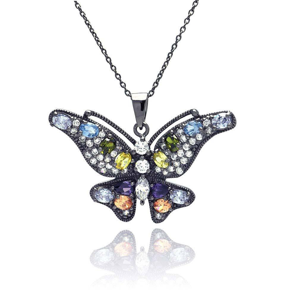 Sterling Silver Black Rhodium Plated Necklace with Antique Style Multi Color Czs Butterfly Pendant