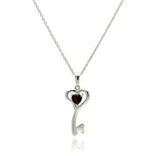 Load image into Gallery viewer, Sterling Silver Necklace with Fancy Open Heart Key and Centered Ruby Cz PendantAnd Pendant Dimensions: 25.5MMx12MM