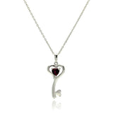 Sterling Silver Necklace with Fancy Open Heart Key and Centered Ruby Cz PendantAnd Pendant Dimensions: 25.5MMx12MM